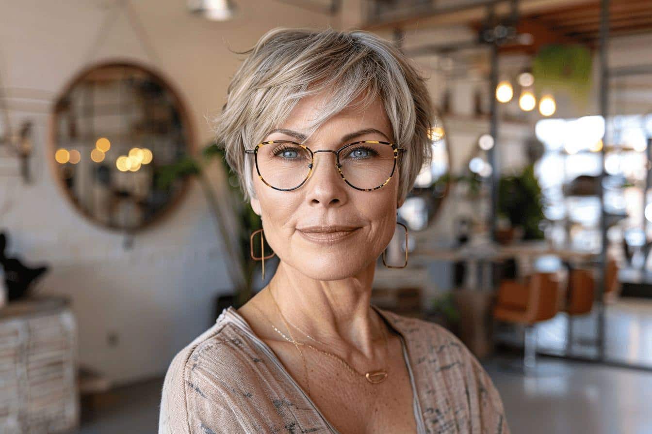 Coupe de cheveux court femme 60 ans avec lunettes
